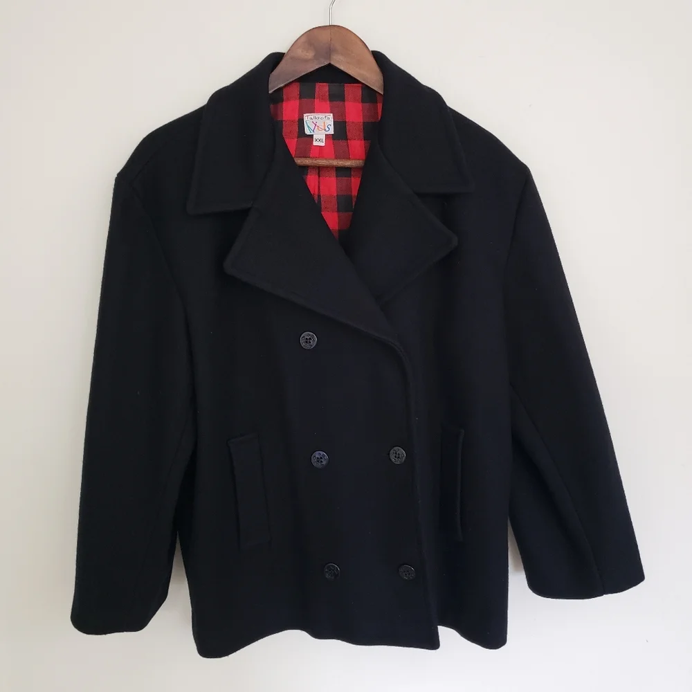🌞SOLD🌞 Talbots Kids Wool Pea Coat Size XXL Black Double Breasted Buffalo Plaid - Picture 10 of 10